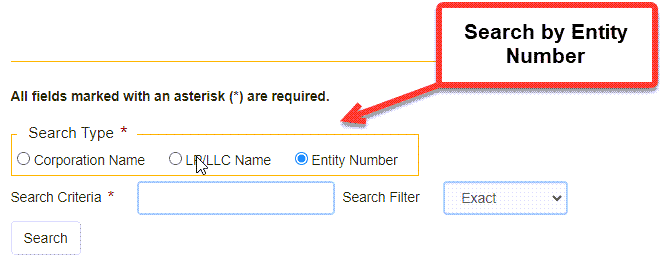California Secretary of State Business Search  - Step 2 Method 3 Search by Entity Number